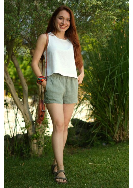 Siena Beli Lastikli %100 Keten Mini Şort Haki