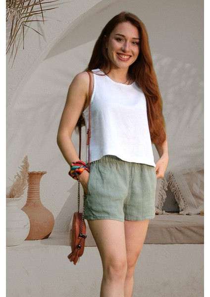Siena Beli Lastikli %100 Keten Mini Şort Haki fiyatları