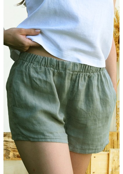 Siena Beli Lastikli %100 Keten Mini Şort Haki modelleri
