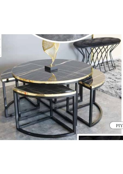 Mim Siyah Mermer - Siyah Yuvarlak 4+1 Pizza Orta Sehpa