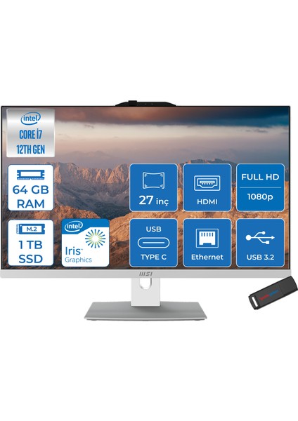 Msı Modern AM272P Intel Core I7 1255U 4.70 Ghz 64GB 1tb SSD Intel Iris Xe Graphics Freedos 27 Inç FULLHD(1920×1080) Beyaz All In One Bilgisayar 12M1251XTRF33 + Zetta Flash Bellek