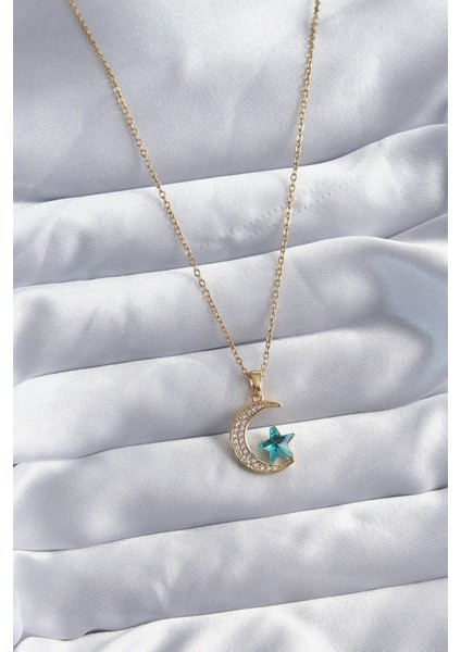 Gold Renk 316 L Çelik Zincir Zirkon Taş Detay Hilal Yıldızı Figür Kadın Kolye Vice-5353