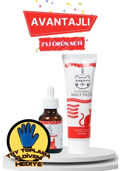Kediler Için Tüy Yumağı Önleyici Cilt ve Tüy Sağılığını Destekleyici Damla ve Malt Macun ( 2'li Set)