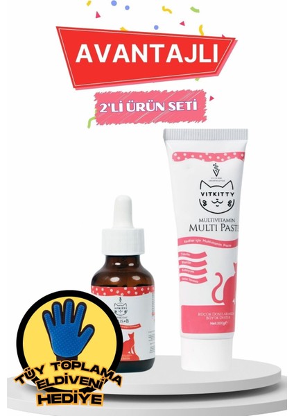 Kediler Için Tüy Dökümünü Engelleyen Damla & Multivitamin Malt Macun ( 2'li Set )