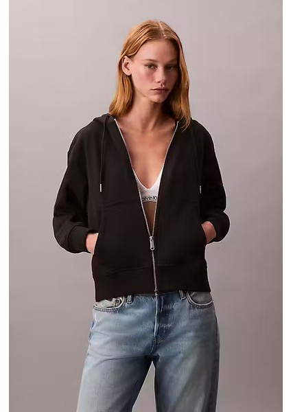 Kadın Regular Fit Fermuarlı Kapüşonlu Sweatshirt - Siyah