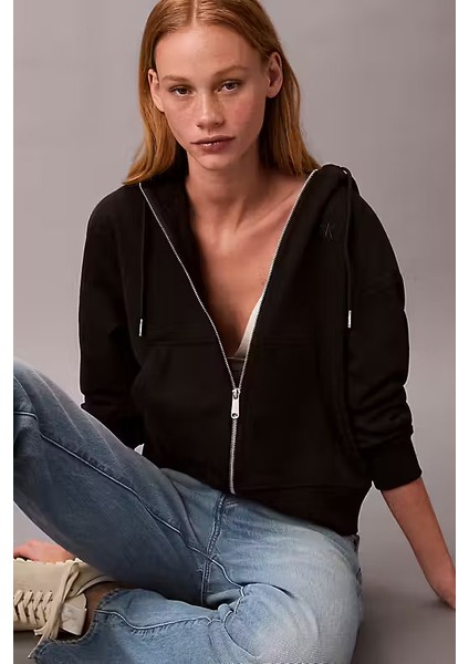 Kadın Regular Fit Fermuarlı Kapüşonlu Sweatshirt - Siyah fırsatları