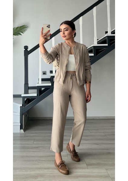 Taş Fermuarlı Ceket-Pantolon Tensl Kumaş Takım