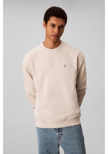 Erkek Regular Fit Monogram Nakışlı Sweatshirt - Krem