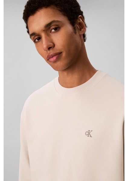 Erkek Regular Fit Monogram Nakışlı Sweatshirt - Krem fırsatları