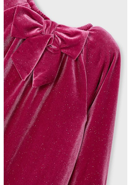 Kız Çocuk Rahat Kalıp Işıltılı Kadife Elbise - Fuşya modelleri