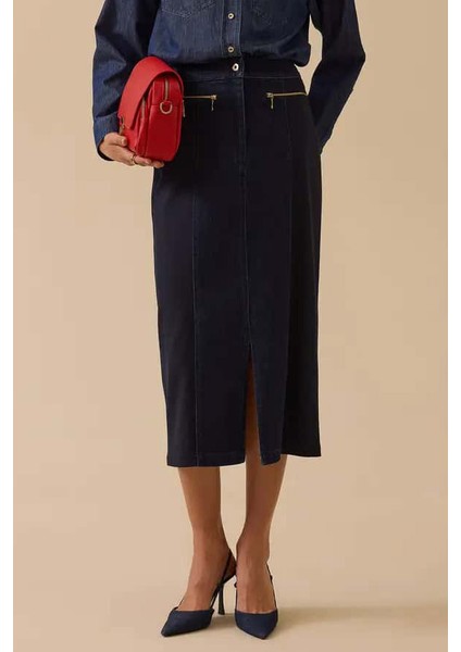 Kadın Çift Kumaşlı Yırtmaç Detaylı Jean Etek - Lacivert