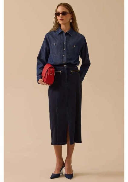 Kadın Çift Kumaşlı Yırtmaç Detaylı Jean Etek - Lacivert modelleri