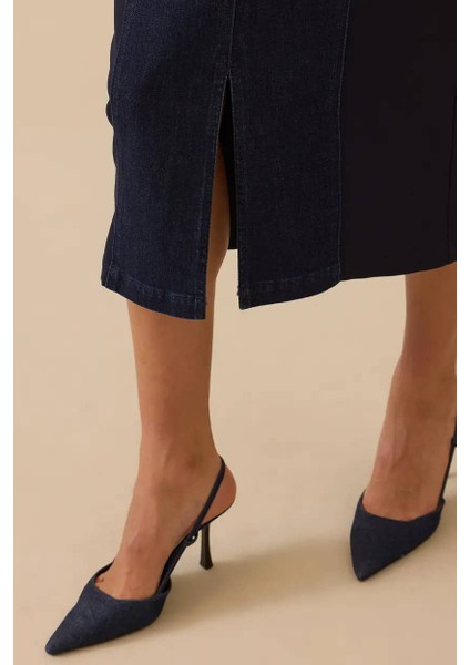 Kadın Çift Kumaşlı Yırtmaç Detaylı Jean Etek - Lacivert indirimleri