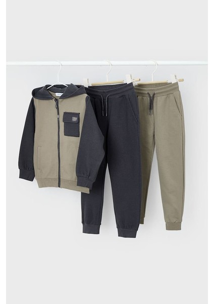Erkek Çocuk Normal Kalıp 3 Parça Renk Bloklu Eşofman Takımı - Haki