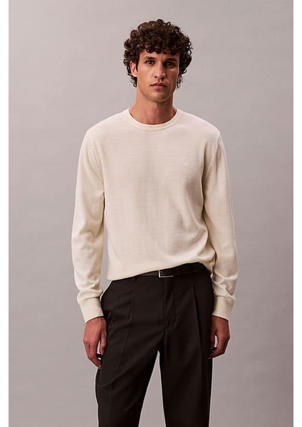 Erkek Regular Fit Merinos Yünü Triko Kazak - Krem