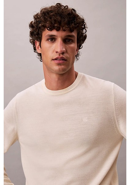Erkek Regular Fit Merinos Yünü Triko Kazak - Krem modelleri