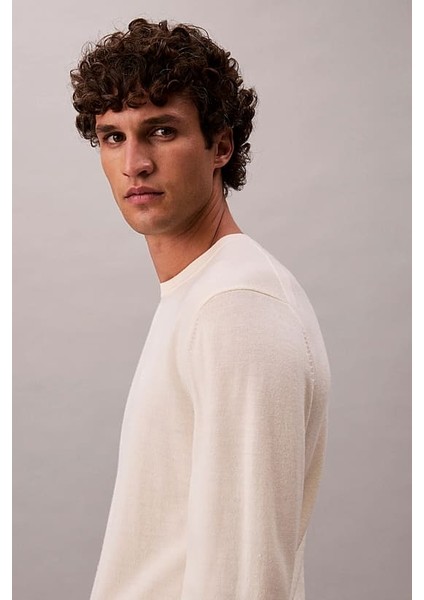 Erkek Regular Fit Merinos Yünü Triko Kazak - Krem fırsatları