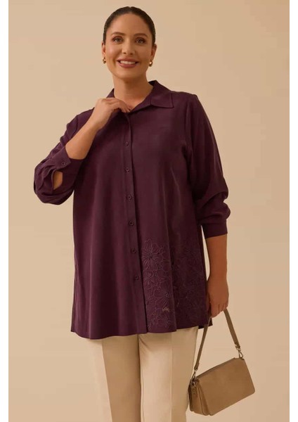 Kadın Büyük Beden Çiçek Işlemeli Düğmeli Tunik - Mürdüm