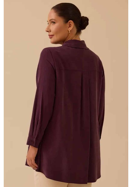 Kadın Büyük Beden Çiçek Işlemeli Düğmeli Tunik - Mürdüm fiyatları