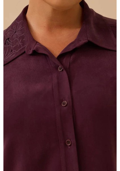 Kadın Büyük Beden Çiçek Işlemeli Düğmeli Tunik - Mürdüm modelleri