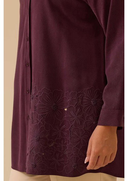 Kadın Büyük Beden Çiçek Işlemeli Düğmeli Tunik - Mürdüm fırsatları