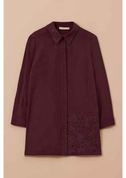 Kadın Büyük Beden Çiçek Işlemeli Düğmeli Tunik - Mürdüm indirimleri