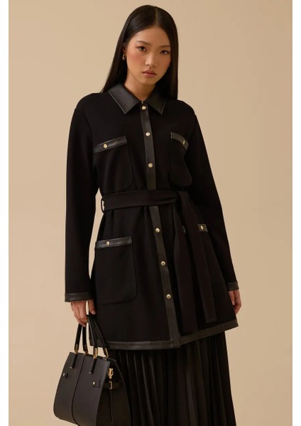 Kadın Kuşaklı Suni Deri Garnili Düğmeli Ceket - Siyah