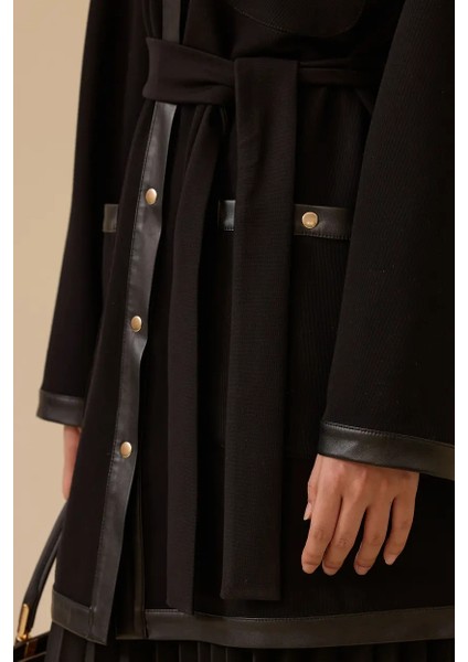 Kadın Kuşaklı Suni Deri Garnili Düğmeli Ceket - Siyah modelleri