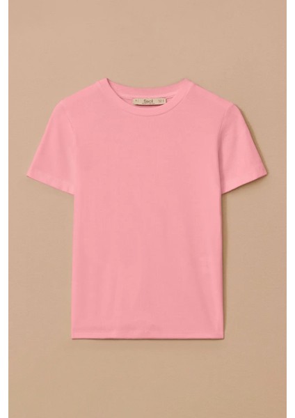 Kadın Yuvarlak Yaka Kısa Kollu Basic T-Shirt - Pembe