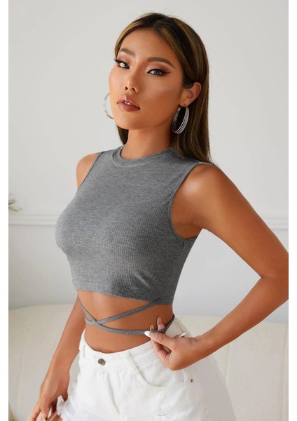 Kadın Gri Çapraz Bağlamalı Crop Top Büstiyer modelleri