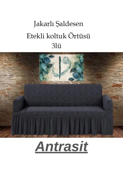 Şal Desen Jakarlı Koltuk, Kanepe, Çekyat Örtüsü, Likralı, Etekli, Koltuk Kılıfı 3lü Tek Adet
