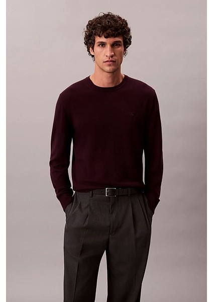 Erkek Regular Fit Merinos Yünü Triko Kazak - Koyu Bordo