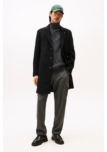 Erkek Klasik Kesim Yün Karışımlı Palto - Siyah