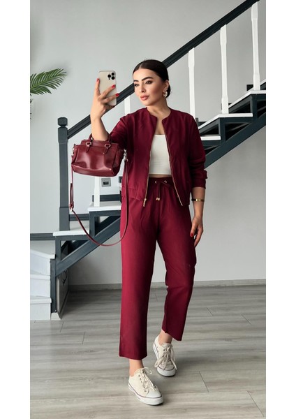 Bordo Fermuarlı Ceket-Pantolon Tensl Kumaş Takım