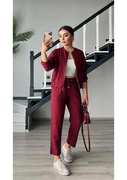 Bordo Fermuarlı Ceket-Pantolon Tensl Kumaş Takım indirimleri