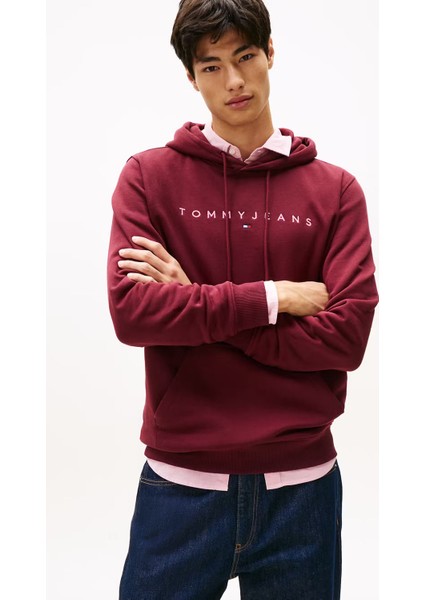 Erkek Tjm Regular Linear Logo Kapüşonlu Sweatshirt - Bordo