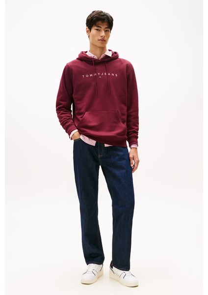Erkek Tjm Regular Linear Logo Kapüşonlu Sweatshirt - Bordo fiyatları