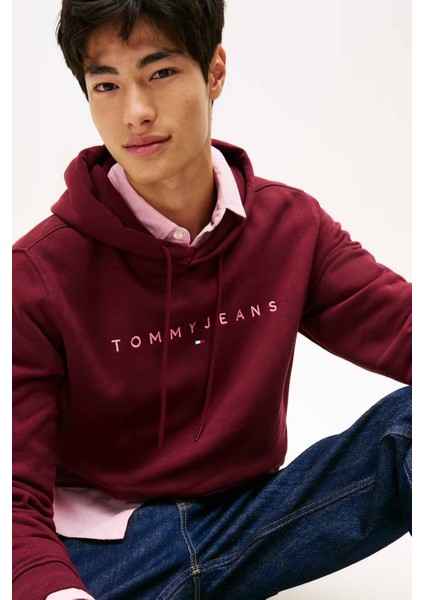Erkek Tjm Regular Linear Logo Kapüşonlu Sweatshirt - Bordo modelleri