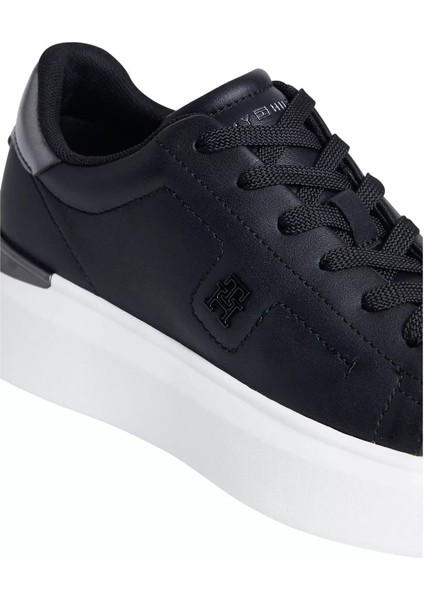 Kadın Metalik Detaylı Platform Tabanlı Kort Sneaker - Siyah