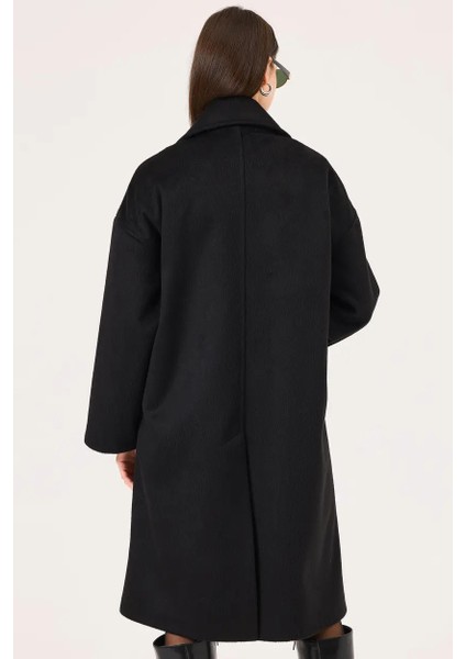 Kadın Kruvaze Yaka Düğmeli Kaban - Siyah fiyatları