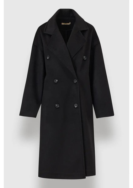 Kadın Kruvaze Yaka Düğmeli Kaban - Siyah fırsatları