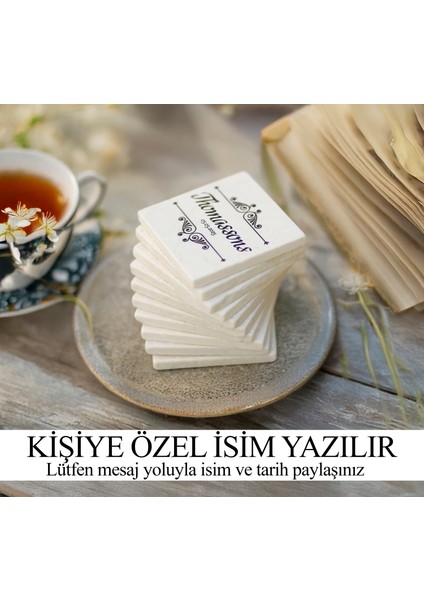 Silva - 6'lı Set Kişiselleştirilen Bej Mermer Bardak Altlığı - 10CM - Mesajla Isim Tarih Belirtin -Hediyelik Isimli Bardak Altlığı