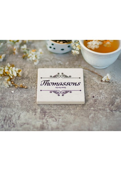 Silva - 6'lı Set Kişiselleştirilen Bej Mermer Bardak Altlığı - 10CM - Mesajla Isim Tarih Belirtin -Hediyelik Isimli Bardak Altlığı indirimleri