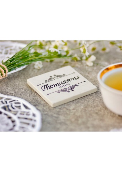 Silva - 6'lı Set Kişiselleştirilen Bej Mermer Bardak Altlığı - 10CM - Mesajla Isim Tarih Belirtin -Hediyelik Isimli Bardak Altlığı