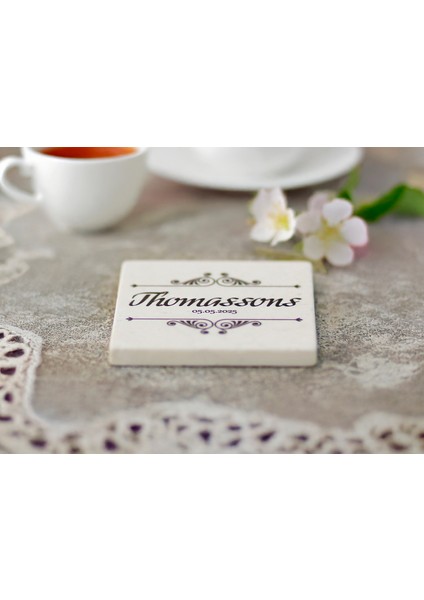 Silva - 6'lı Set Kişiselleştirilen Bej Mermer Bardak Altlığı - 10CM - Mesajla Isim Tarih Belirtin -Hediyelik Isimli Bardak Altlığı