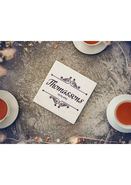 Silva - 6'lı Set Kişiselleştirilen Bej Mermer Bardak Altlığı - 10CM - Mesajla Isim Tarih Belirtin -Hediyelik Isimli Bardak Altlığı