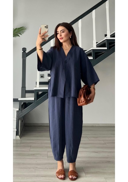 Lacivert Tek Düğme Bluz-Pantolon Takım