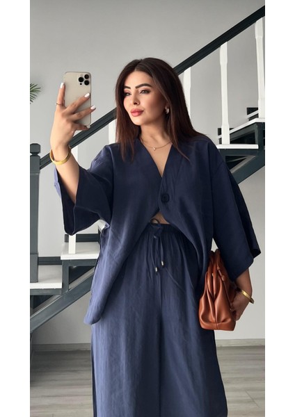 Lacivert Tek Düğme Bluz-Pantolon Takım fırsatları