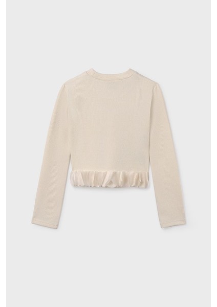 Kız Çocuk Normal Kalıp Etek Ucu Volanlı Fitilli Triko Bluz - Krem fiyatları