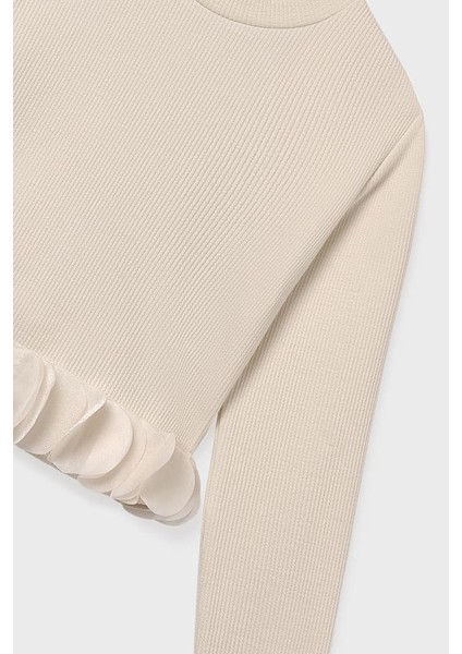 Kız Çocuk Normal Kalıp Etek Ucu Volanlı Fitilli Triko Bluz - Krem modelleri